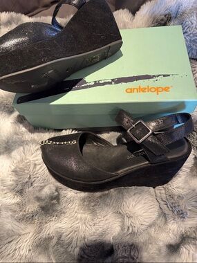 Antelope Black Wedge Sandals with Buckle Strap